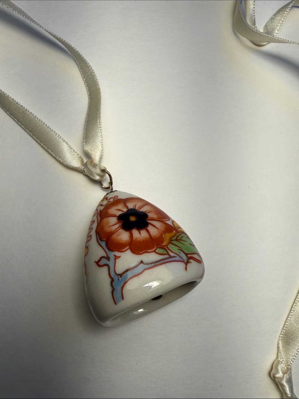 Hand-Painted Sandra Pailet Ceramic Floral Pendant Bell Necklace with Ribbon